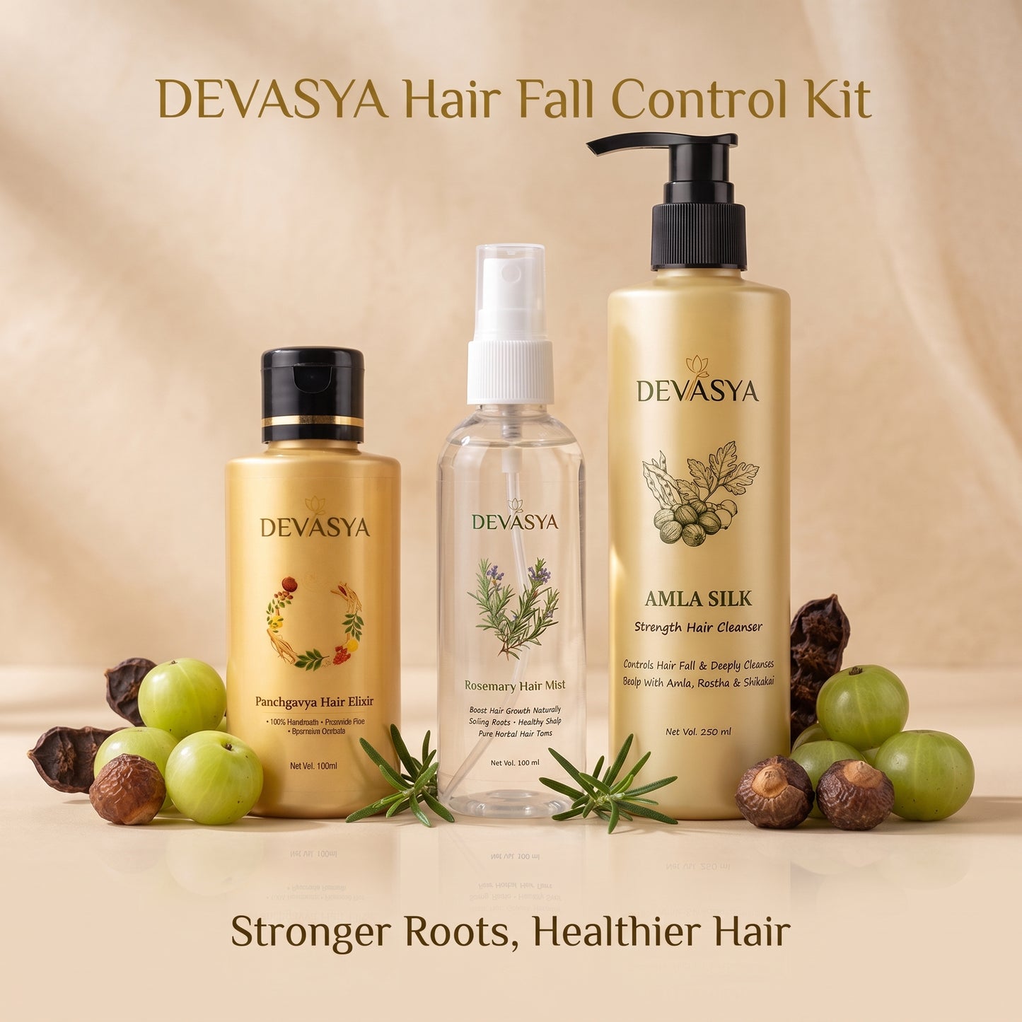 Devasya Ayurvedic Hair Fall Control Combo – Amla Silk Cleanser, Panchgavya Elixir Oil & Rosemary Mist for Stronger Roots & Healthy Growth