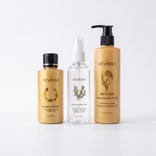 Devasya Ayurvedic Frizz Control Combo – Rice Silk Cleanser, Panchgavya Elixir Oil & Rosemary Hair Mist for Smooth, Soft & Manageable Hair