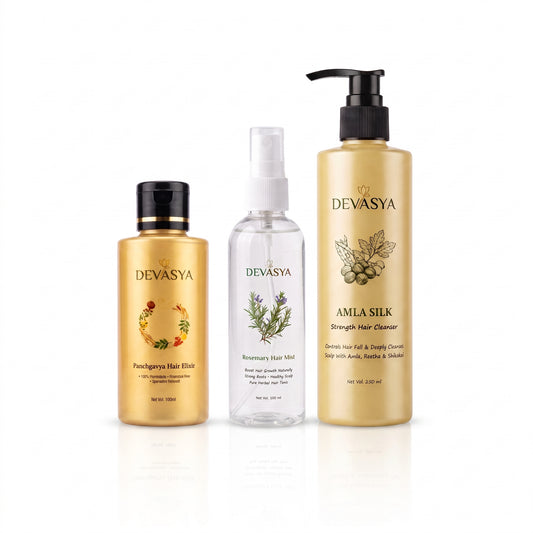 Devasya Ayurvedic Hair Fall Control Combo – Amla Silk Cleanser, Panchgavya Elixir Oil & Rosemary Mist for Stronger Roots & Healthy Growth