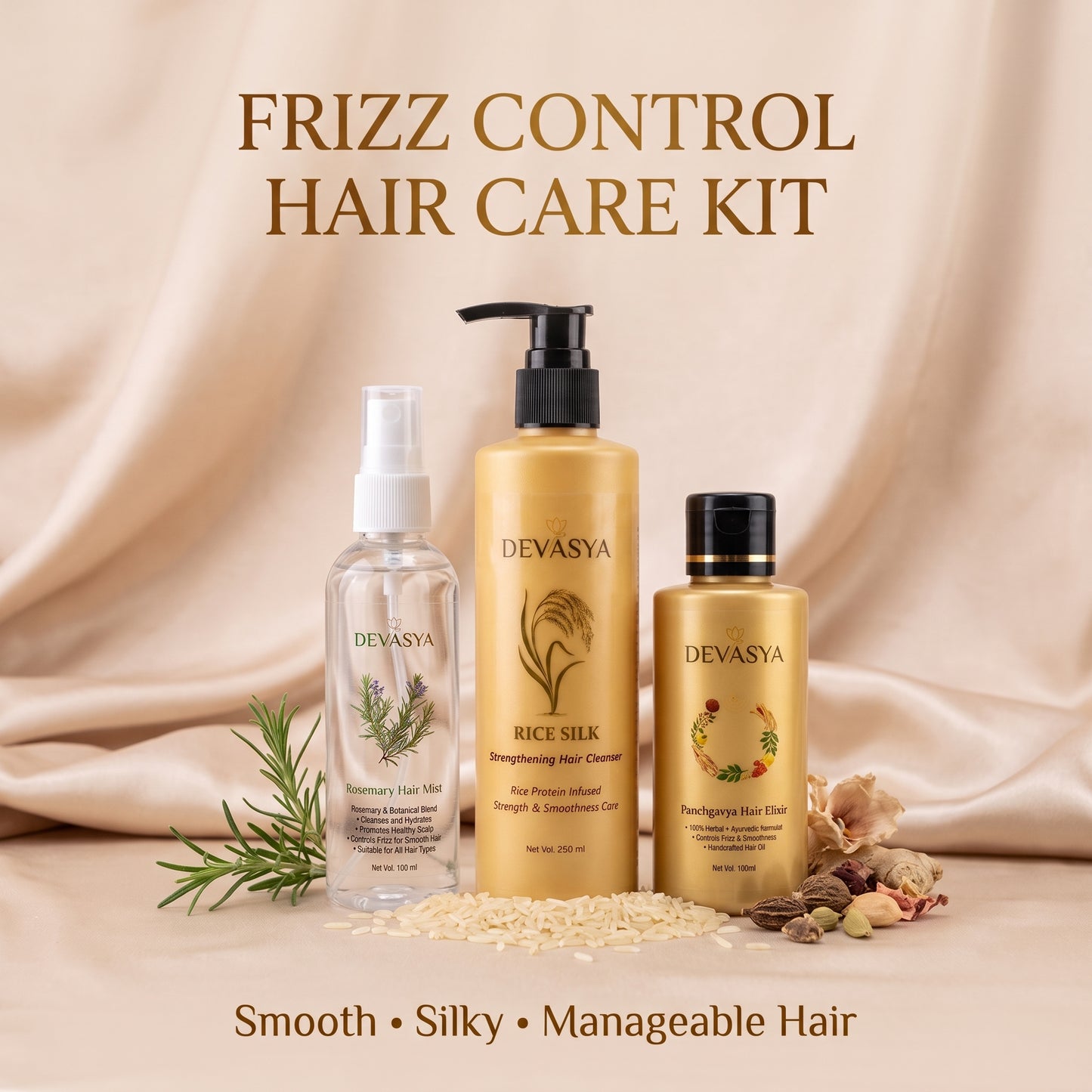 Devasya Ayurvedic Frizz Control Combo – Rice Silk Cleanser, Panchgavya Elixir Oil & Rosemary Hair Mist for Smooth, Soft & Manageable Hair