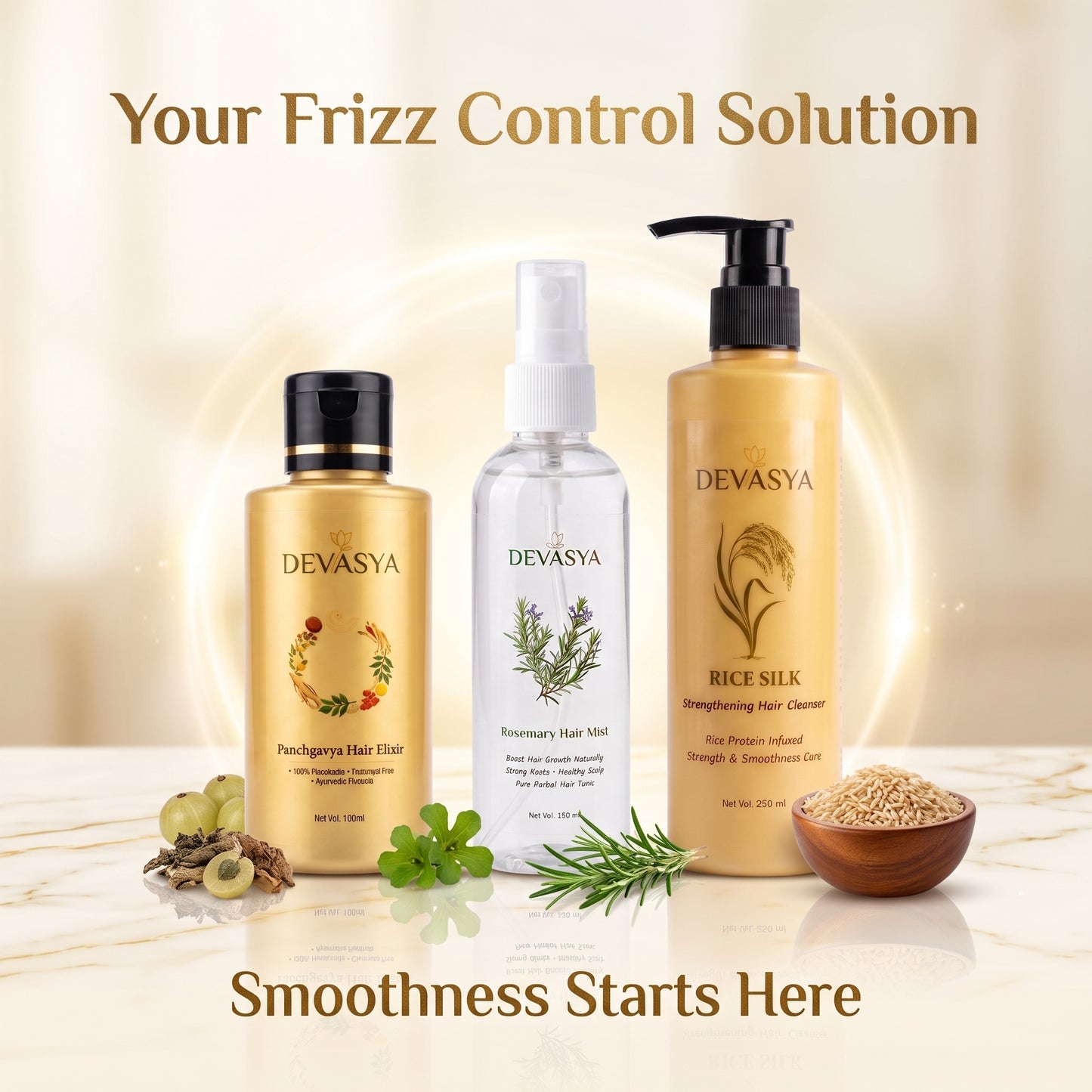 Devasya Ayurvedic Frizz Control Combo – Rice Silk Cleanser, Panchgavya Elixir Oil & Rosemary Hair Mist for Smooth, Soft & Manageable Hair