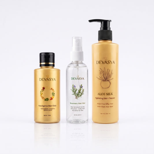 Devasya Ayurvedic Dandruff Control Combo – Aloe Silk Cleanser, Panchgavya Elixir Oil & Rosemary Hair Mist for Clean, Flake-Free & Healthy Scalp