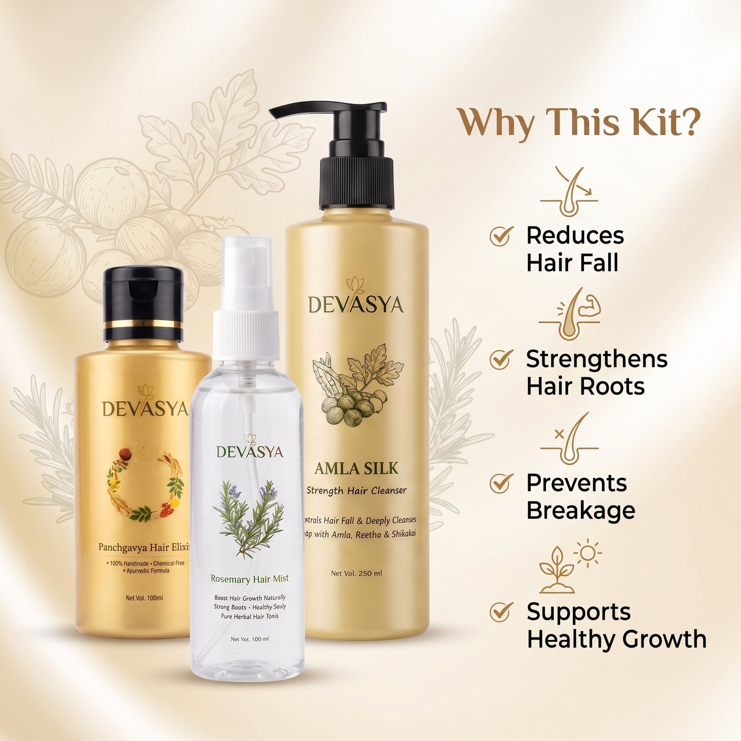 Devasya Ayurvedic Hair Fall Control Combo – Amla Silk Cleanser, Panchgavya Elixir Oil & Rosemary Mist for Stronger Roots & Healthy Growth