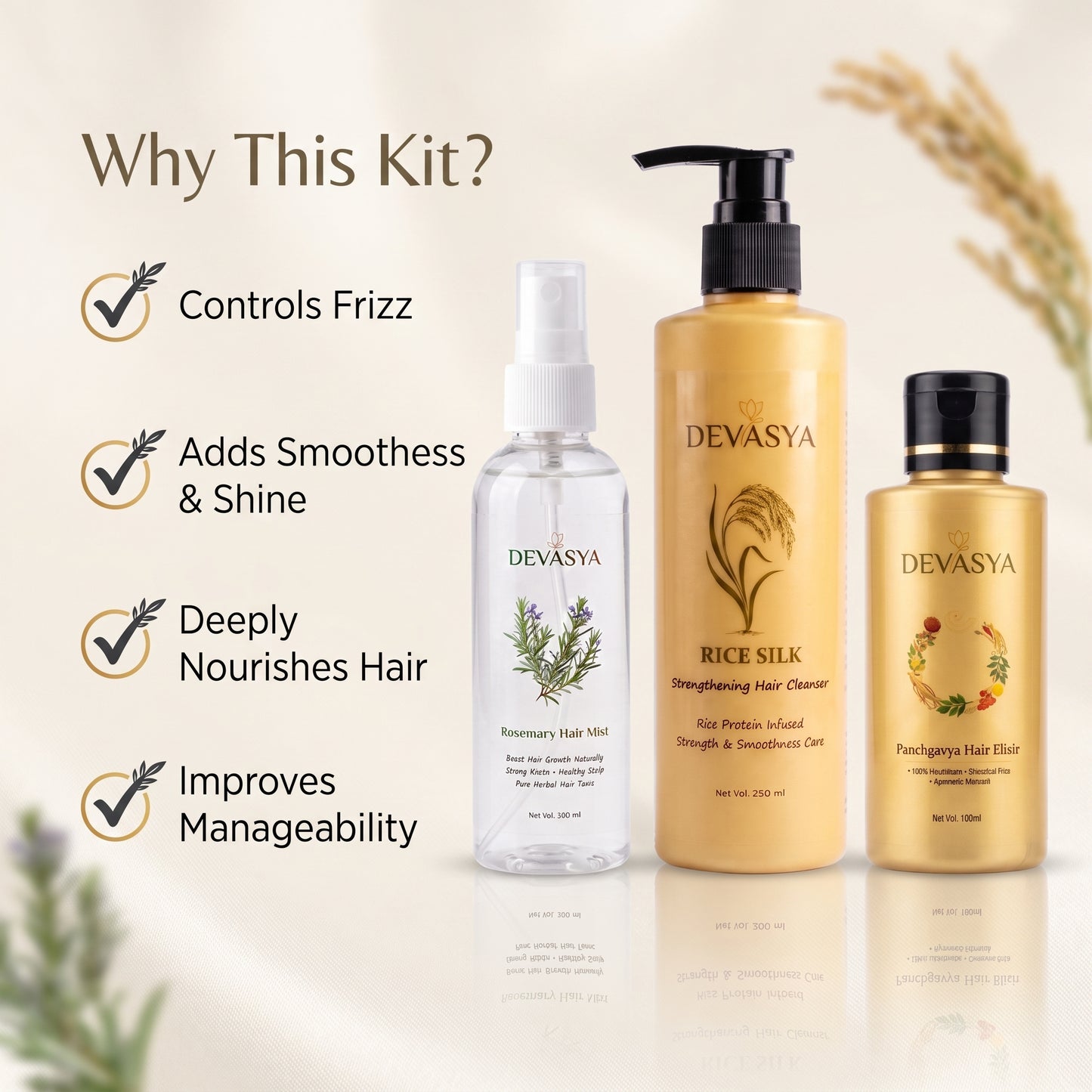 Devasya Ayurvedic Frizz Control Combo – Rice Silk Cleanser, Panchgavya Elixir Oil & Rosemary Hair Mist for Smooth, Soft & Manageable Hair
